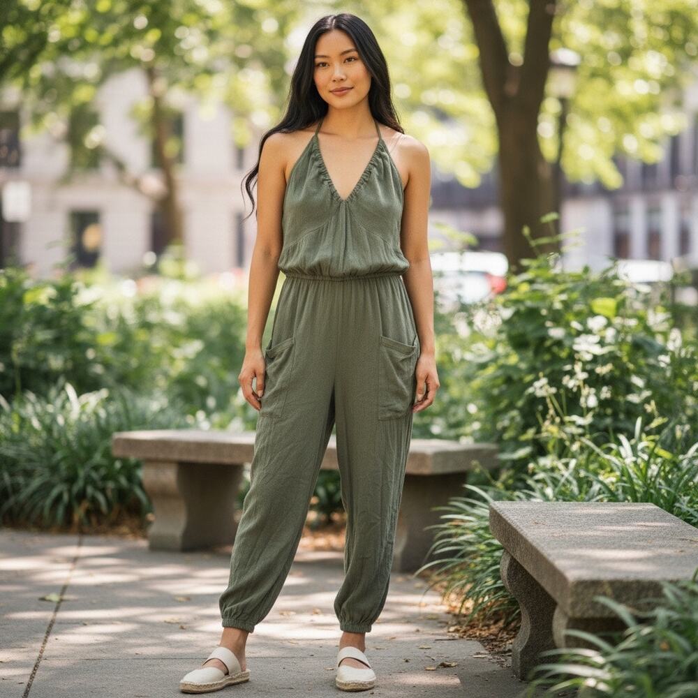 CUPSHE Baby Doll Romper Boho Y2K 90's Lagenlook Green Size XS Smock Halter Neck